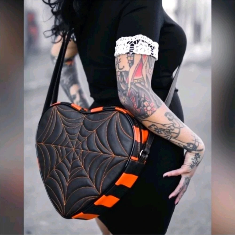 Pumpkin x Kult Love Pain and Stitches Black Orange Spiderweb Heart Crossbody Bag
